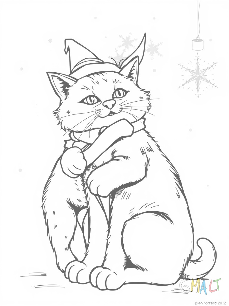 Ein Nikolausstiefel wird von einer Katze neugierig beschnüffelt. Die Katze steht auf ihren Hinterpfoten und streckt ihre Nase in den Stiefel. Ihre Schwanzspitze ist nach oben gebogen.