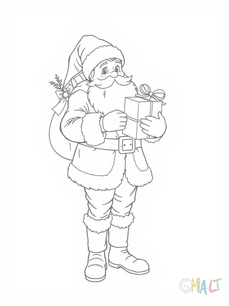 Ein Nikolausstiefel wird gerade vom Nikolaus befüllt. Der Nikolaus steht gebückt da und legt Geschenke hinein. Sein langer weißer Bart reicht fast bis zum Boden.