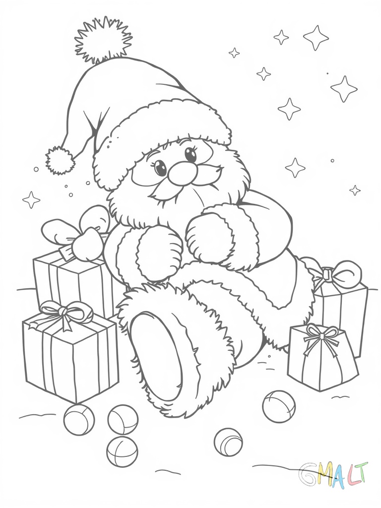 Ein Nikolausstiefel liegt auf der Seite und Geschenke purzeln heraus: Ein Teddy ein Ball und Bonbons rollen über den Boden. Der Stiefel hat eine große goldene Schnalle.