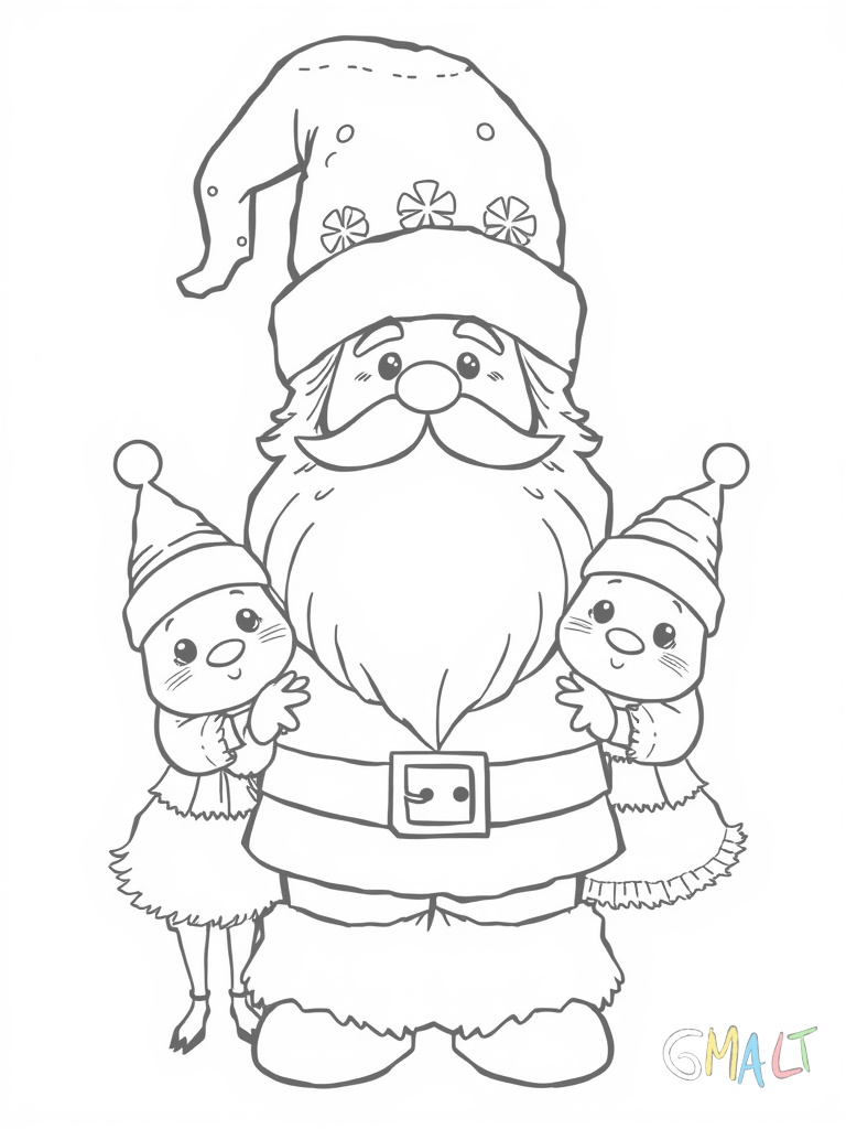 Ein großer Nikolausstiefel wird von zwei kleinen Wichteln getragen. Die Wichtel tragen spitze Mützen und haben freundliche Gesichter. Der Stiefel hat Schneeflocken aufgestickt.