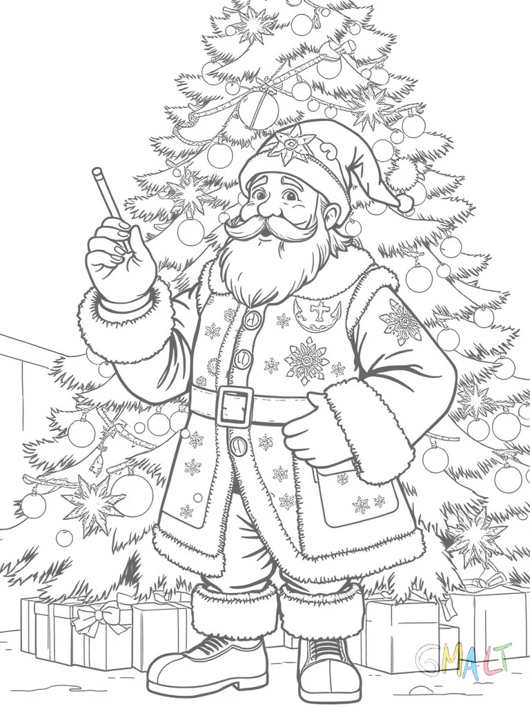 Ein Nussknacker steht vor einem großen Weihnachtsbaum. Er hält einen Taktstock in der Hand und scheint zu dirigieren. Seine prächtige Uniform ist mit Verzierungen geschmückt und sein charakteristischer Mund ist weit geöffnet.