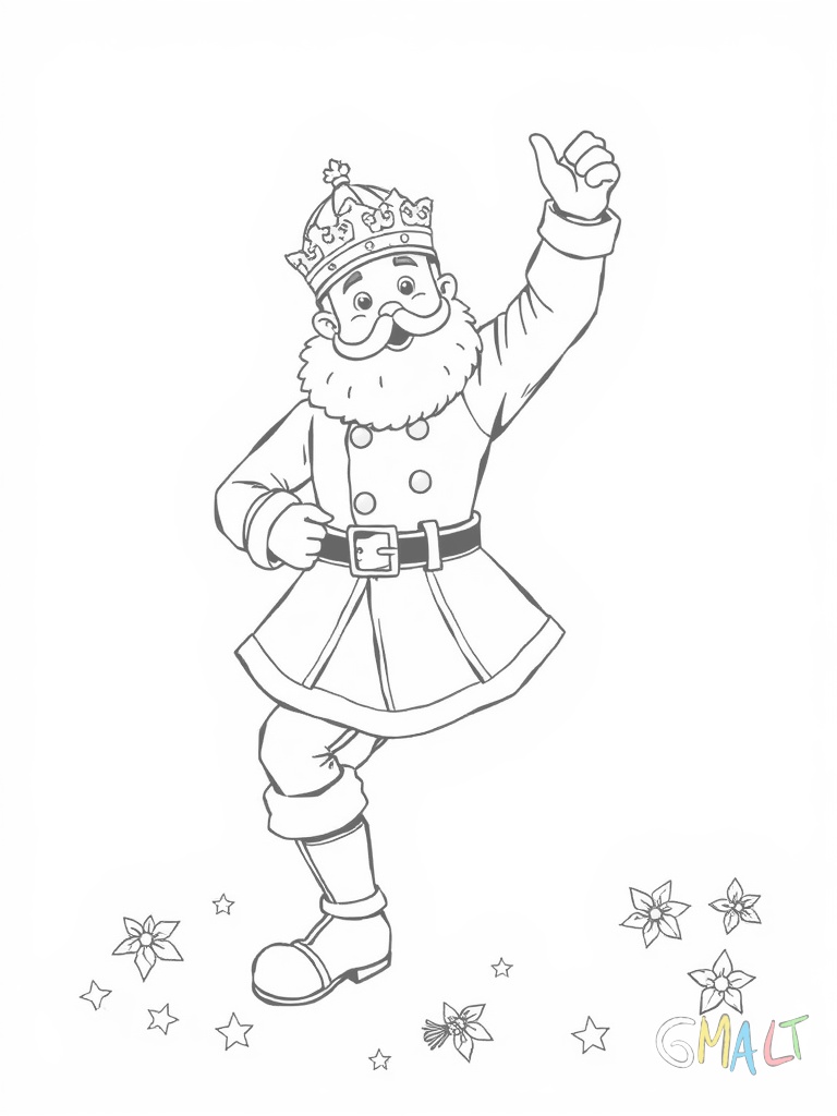 Ein tanzender Nussknacker hebt ein Bein und schwingt seinen Arm in die Luft. Er trägt eine festliche rote Uniform mit goldenen Knöpfen und einen traditionellen schwarzen Helm. Um ihn herum liegen Sterne und kleine Tannenzweige.