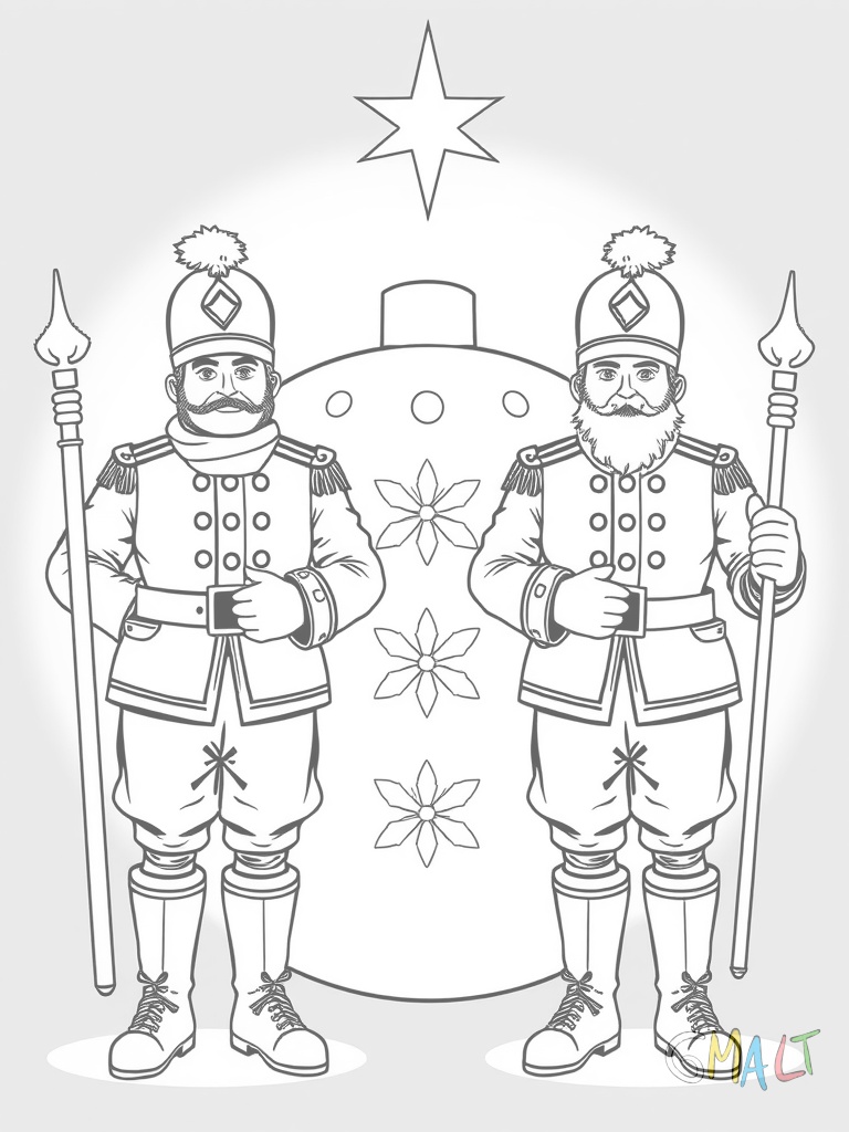 Zwei Nussknacker stehen Wache neben einer großen Weihnachtskugel. Beide tragen traditionelle Uniformen und halten lange Stäbe in ihren Händen. Ihre Körperhaltung ist sehr gerade und militärisch. Über ihnen schwebt ein einzelner Stern.