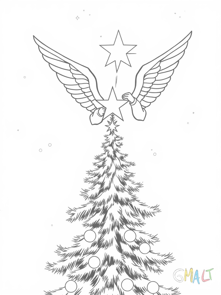 Ein Engel schwebt über einem Tannenbaum. Er hält einen Stern in seinen Händen und hat große ausgebreitete Flügel.