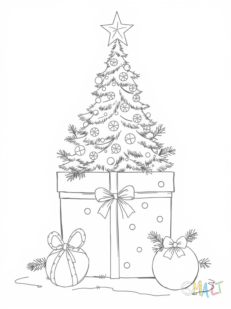 Eine große Zuckerstange lehnt an einer Geschenkbox. Daneben liegt eine Christbaumkugel mit Schleife.