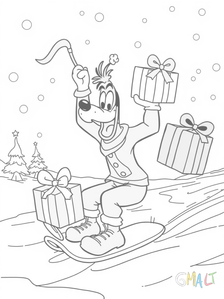 Goofy versucht einen großen Stapel Geschenke zu balancieren während er auf Schlittschuhen über einen zugefrorenen See fährt. Sein grüner Schal weht im Wind.