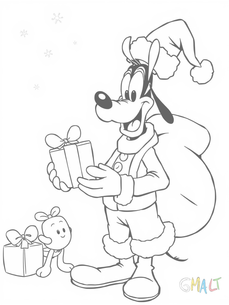 Goofy als Weihnachtsmann verteilt Geschenke an kleine Mäuse. Er trägt einen großen Sack und sein falscher Bart hängt schief.