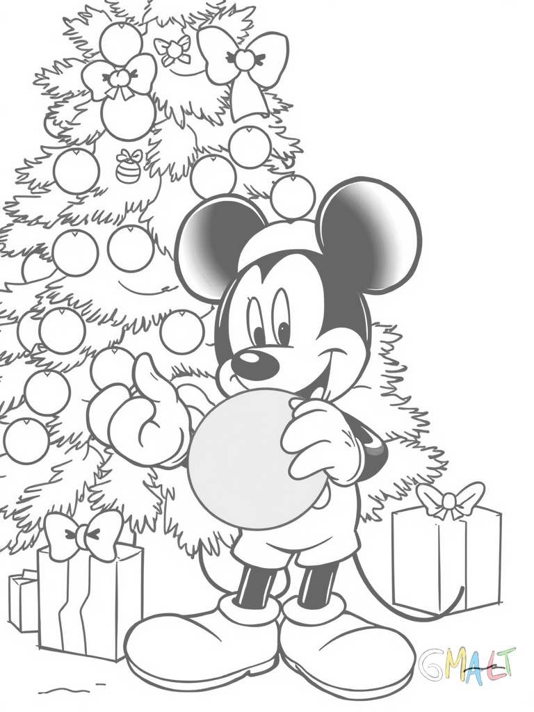 Mickey Mouse steht lächelnd vor einem geschmückten Weihnachtsbaum und hält eine große rote Geschenkkugel in seinen Händen. Er trägt seine typische rote Hose und gelbe Schuhe.