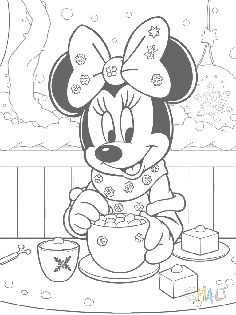Minnie Mouse serviert auf einem Tablett Kakao mit Marshmallows. Sie trägt eine Schürze mit Weihnachtsmotiven und eine Schneeflocken-Haarschleife.