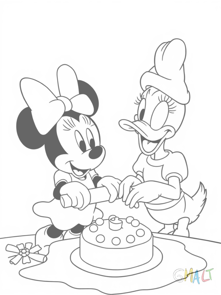 Minnie Mouse und Daisy Duck backen gemeinsam Plätzchen. Minnie rollt den Teig aus während Daisy Kekse aussticht. Beide tragen Schürzen und Kochmützen.