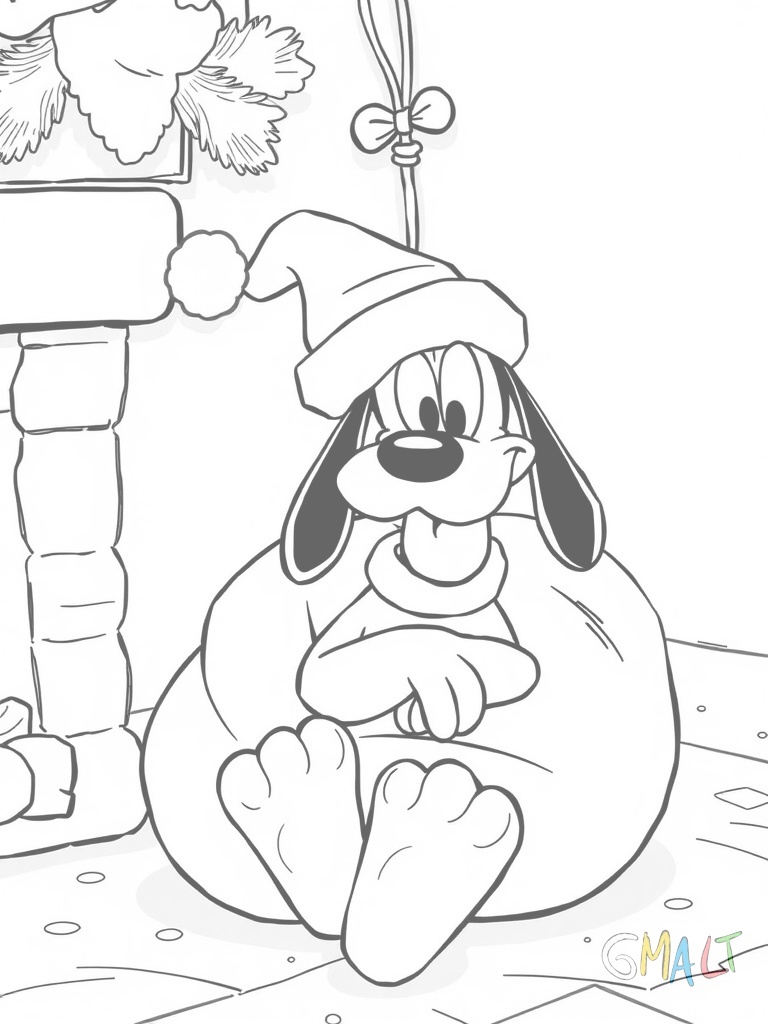 Pluto liegt eingerollt in seinem Körbchen neben dem Kamin. Ein roter Weihnachtsstrumpf hängt über ihm und seine Hundeknochen sind mit Schleifen geschmückt.