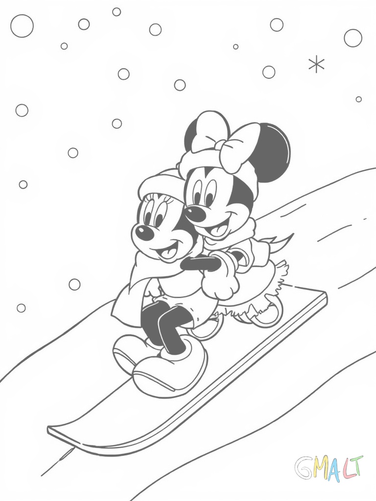 Mickey und Minnie Mouse fahren auf einem Schlitten einen verschneiten Hügel hinunter. Beide tragen Wintermützen und warme Schals.