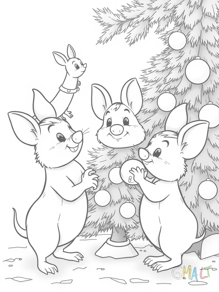 Die drei kleinen Schweinchen schmücken gemeinsam einen Tannenbaum. Eines steht auf einer Leiter eines reicht Schmuck an und eines sortiert Kugeln.