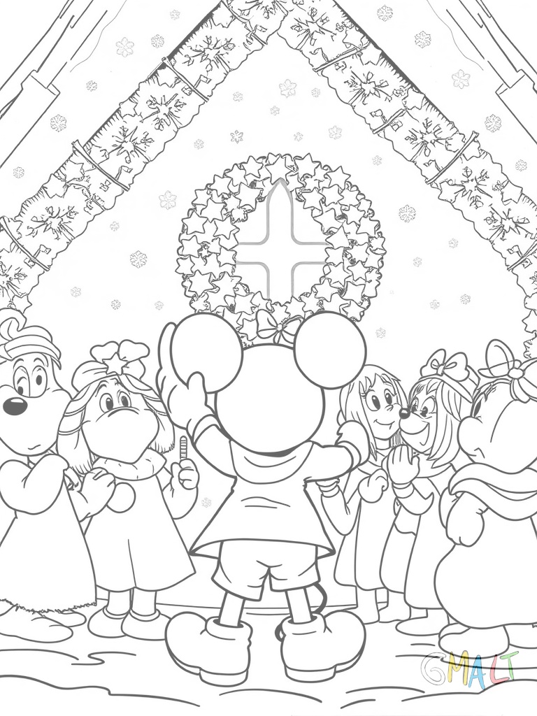 Die gesamte Disney-Gruppe singt Weihnachtslieder vor einer großen Tanne. Mickey dirigiert mit einem Taktstock alle stehen im Halbkreis.
