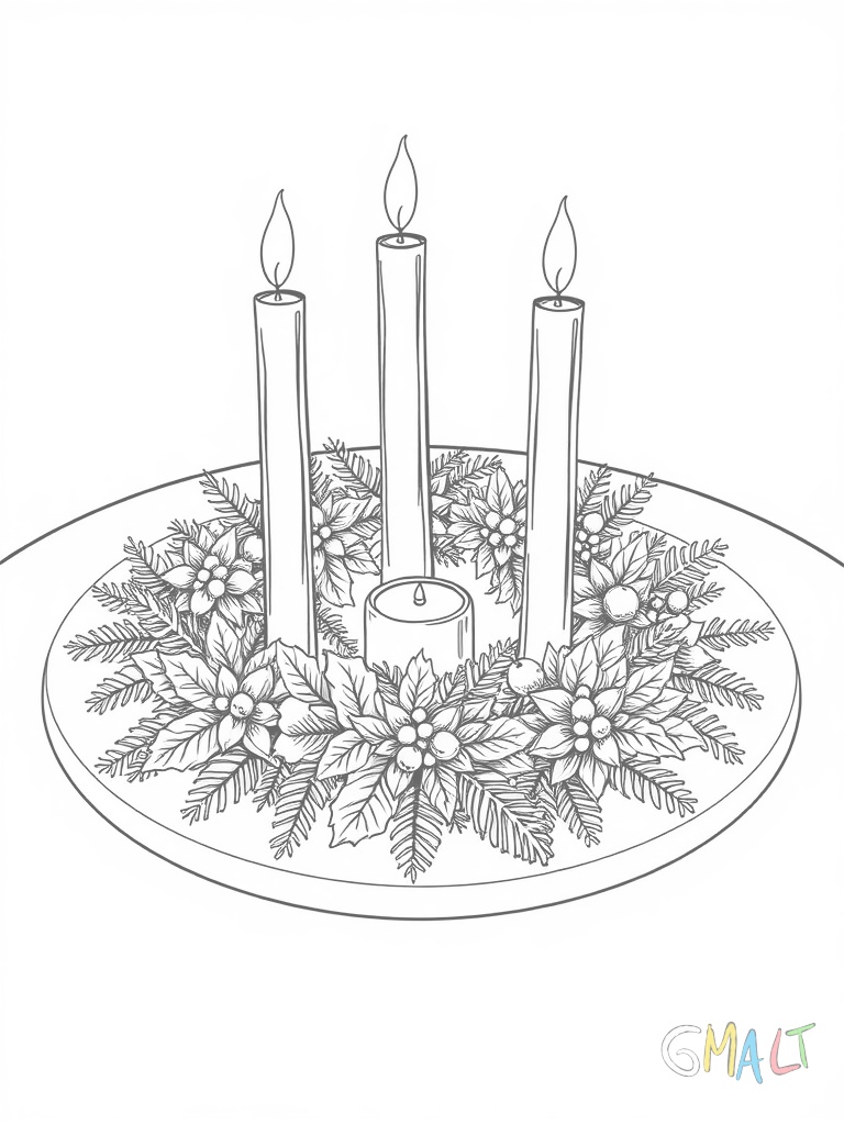 Ein detaillierter Adventskranz mit vier hohen Kerzen liegt auf einem runden Tisch. Tannenzweige und Zapfen sind kunstvoll zwischen den Kerzen arrangiert. Rote Schleifen zieren den Kranz an vier Stellen.