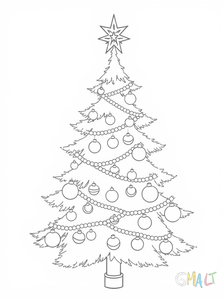 Ein vollständig geschmückter Weihnachtsbaum mit einer Leiter daneben. Verschiedene Ornamente Kugeln und eine Lichterkette zieren den Baum. Ein Stern krönt die Spitze.