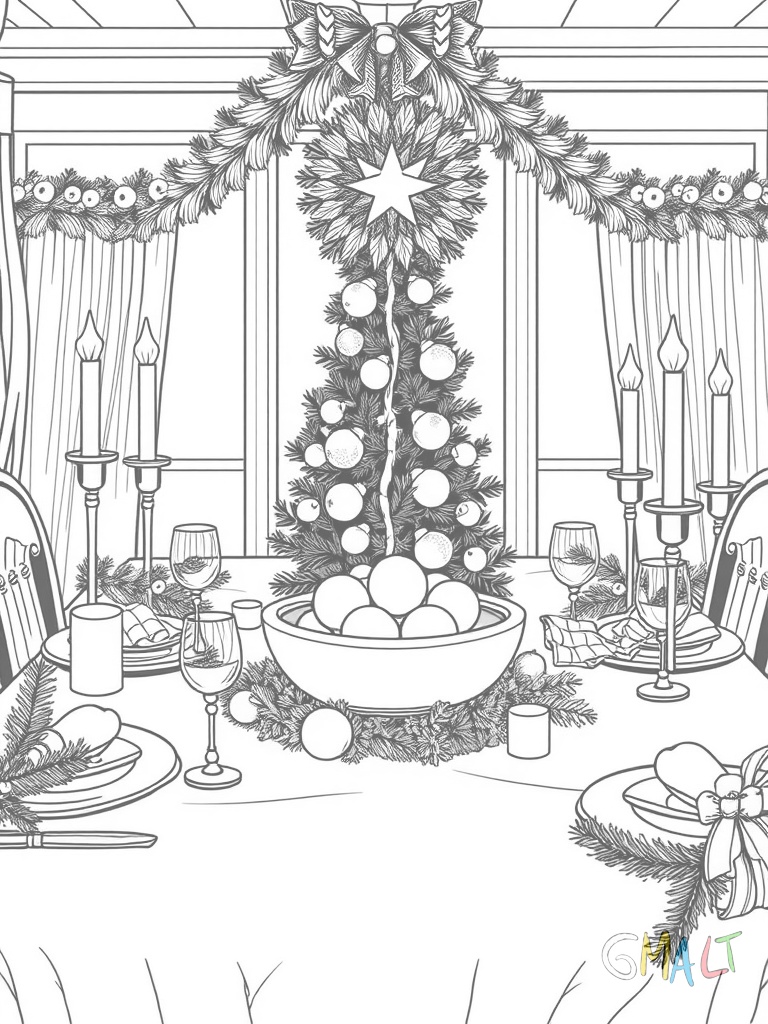 Ein festlich gedeckter Weihnachtstisch mit Kerzenleuchter Tannenzweigen und elegantem Geschirr. In der Mitte steht eine große Schale mit Christbaumkugeln.