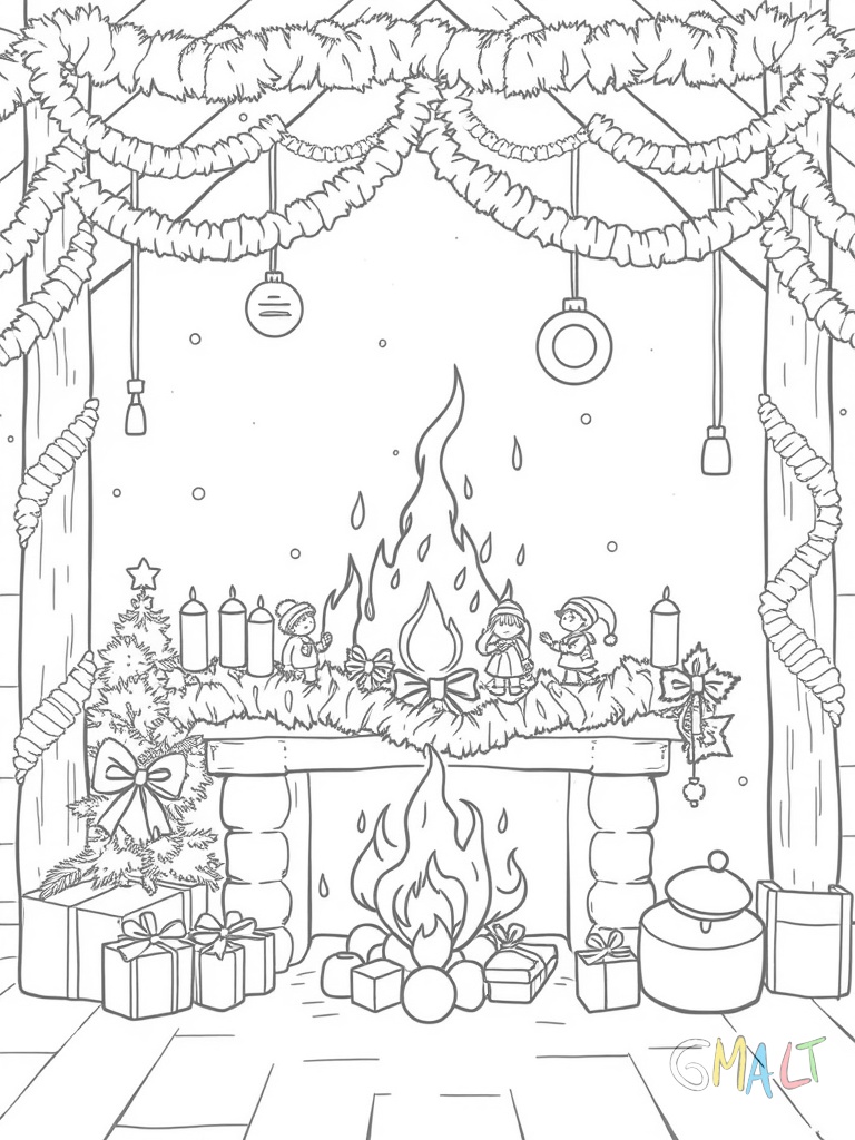 Ein Kamin mit hängenden Weihnachtsstrümpfen und brennendem Feuer. Auf dem Kaminsims stehen Kerzen und kleine Weihnachtsfiguren.