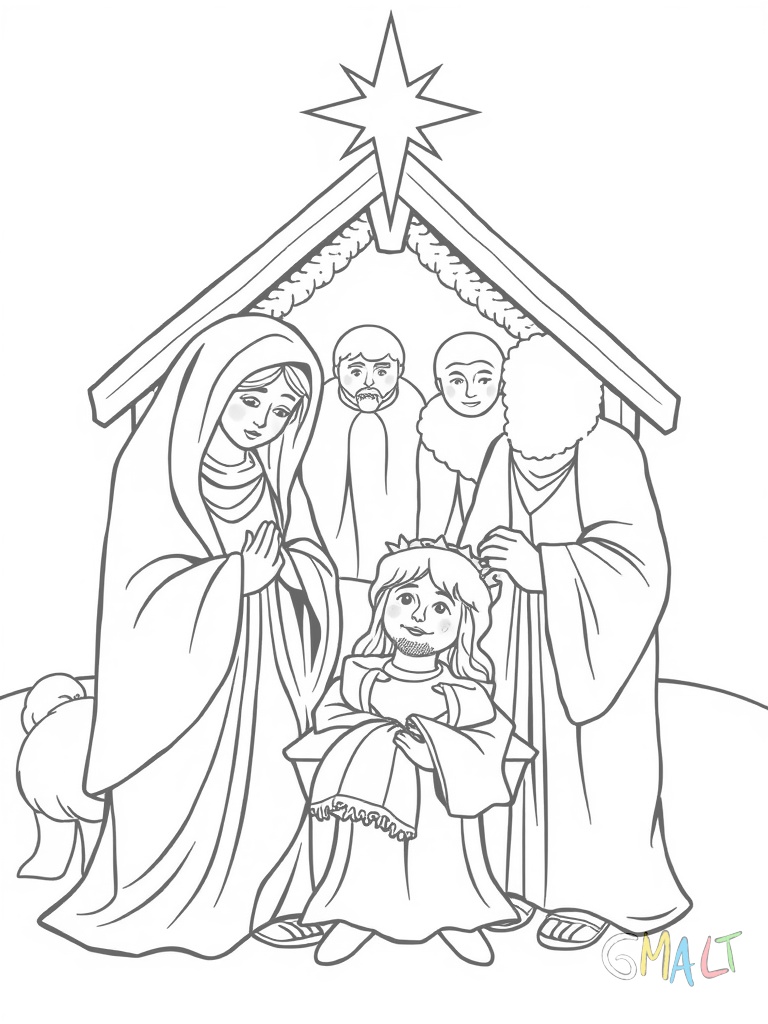 Eine klassische Weihnachtskrippe zeigt die heilige Familie. Maria und Josef stehen neben der Krippe mit dem Jesuskind. Ochs und Esel sind im Hintergrund zu sehen.