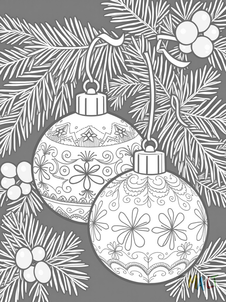 Ein Paar festliche Weihnachtskugeln liegt neben Tannenzweigen. Die Kugeln sind mit verschlungenen Mustern verziert und haben glänzende Aufhänger.