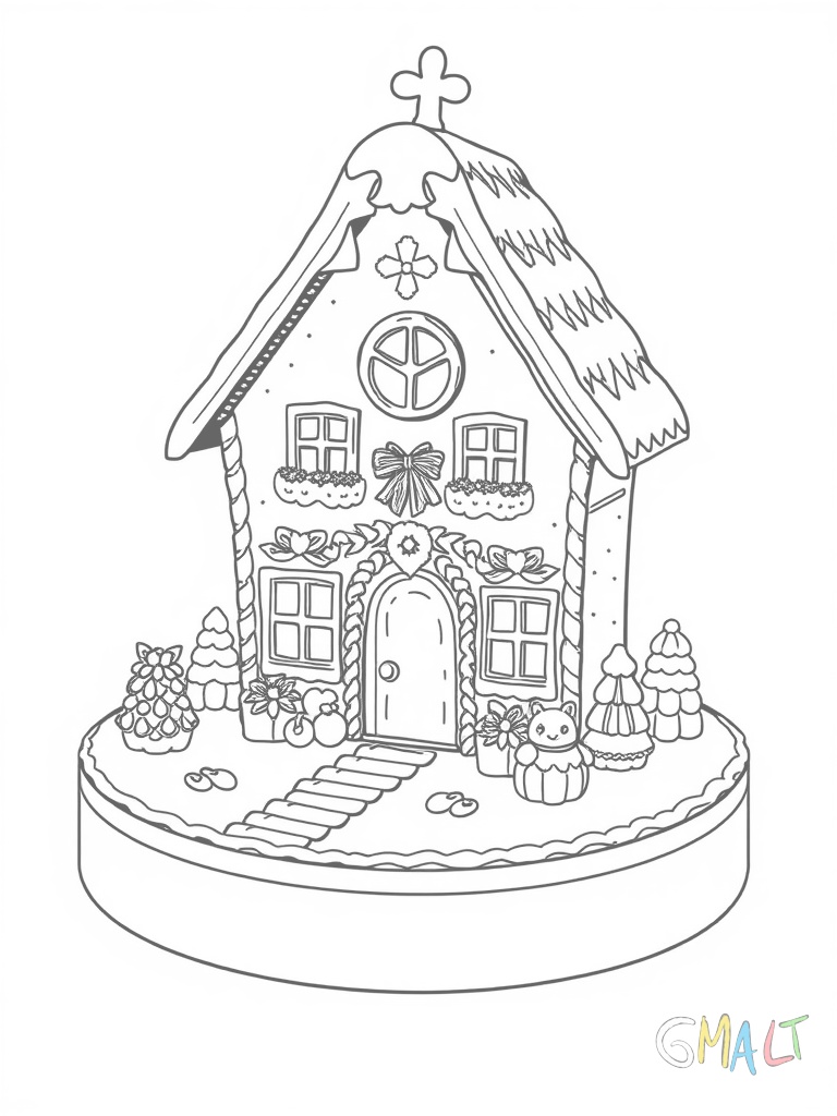 Ein kunstvoll dekoriertes Lebkuchenhaus steht auf einer rechteckigen Platte. Das zweistöckige Haus hat ein Zuckergussdach verzierte Fenster und eine Tür aus Lebkuchen. Kleine Zuckerdekorationen und Gummibärchen schmücken den Vorgarten.