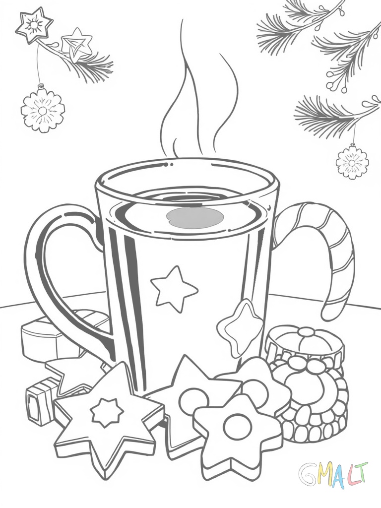 Ein Teller mit verschiedenen Weihnachtsplätzchen steht neben einer dampfenden Tasse Tee. Die Plätzchen haben unterschiedliche Formen wie Sterne Herzen und Tannenbäume.