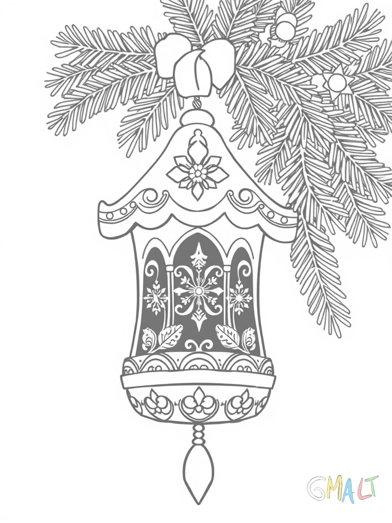 Eine große Weihnachtsglocke hängt von einem geschmückten Tannenzweig herab. Die Glocke ist mit feinen Ornamenten verziert und hat eine Schleife am oberen Ende.