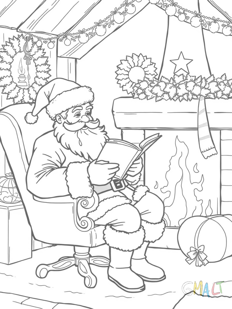 Ein Weihnachtsmann sitzt in seinem Schaukelstuhl vor einem Kamin. Er liest eine lange Wunschliste während seine Lesebrille auf seiner Nasenspitze sitzt.