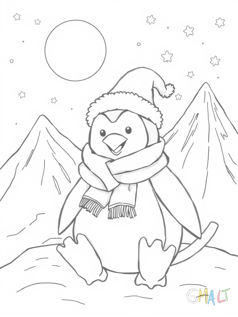 Ein kleiner Pinguin sitzt auf einem Schlitten der einen Berg hinunter rutscht. Er trägt einen gestreiften Schal und eine Weihnachtsmütze. Seine Flossen sind vor Freude ausgebreitet.