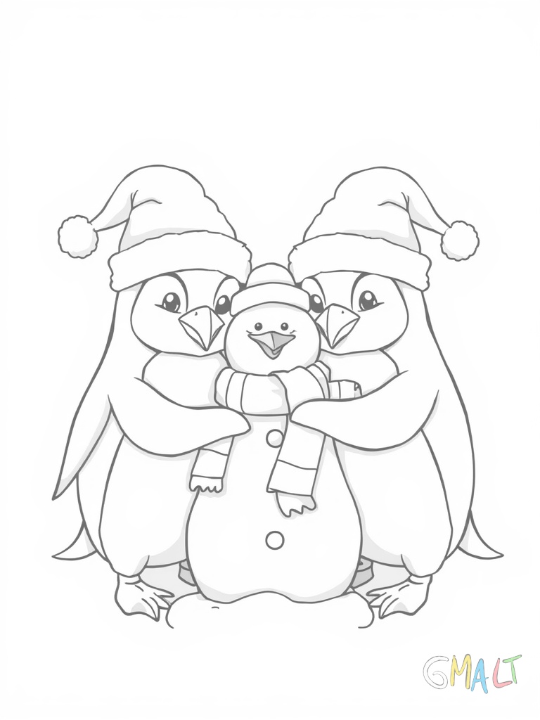 Zwei Pinguine bauen gemeinsam einen Schneemann. Beide tragen Weihnachtsmützen. Der Schneemann hat eine Karotte als Nase und einen Schal um den Hals.