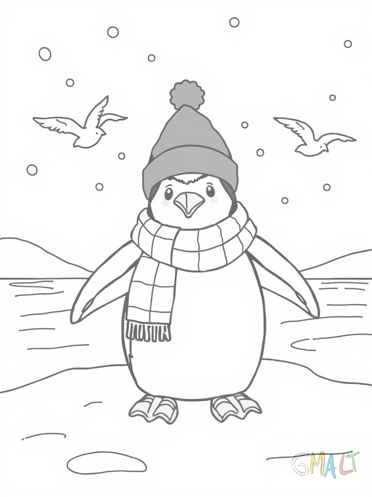 Ein Pinguin steht auf Schlittschuhen auf einem zugefrorenen See. Er trägt eine grüne Weihnachtsmütze und einen Schal. Um ihn herum schweben ein paar Schneeflocken.