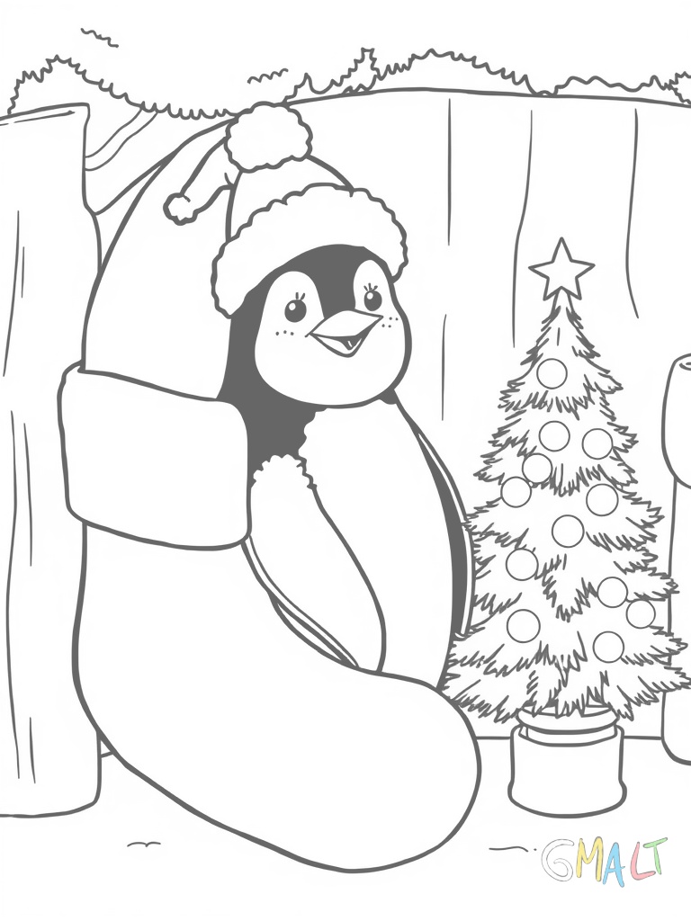 Ein Pinguin sitzt in einem großen Weihnachtssocken der am Kamin hängt. Er schaut fröhlich heraus und trägt eine Glöckchenmütze. Neben dem Kamin steht ein kleiner geschmückter Tannenbaum.