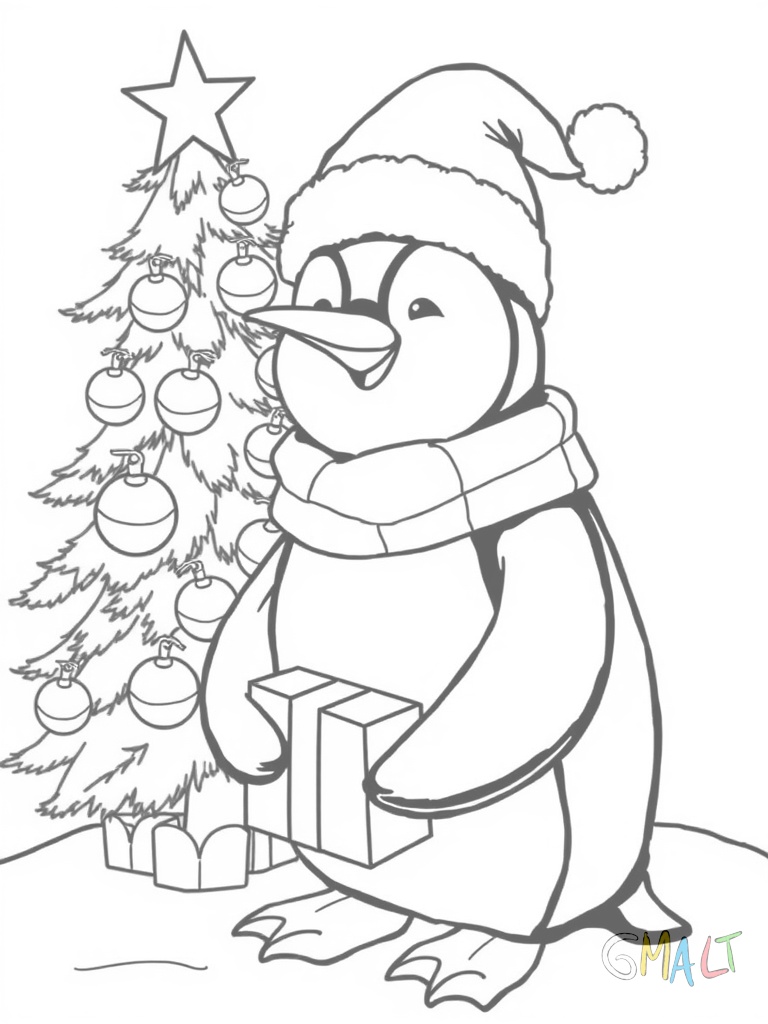 Ein niedlicher Pinguin mit roter Weihnachtsmütze steht lächelnd vor einem geschmückten Tannenbaum. Er hält ein eingepacktes Geschenk in seinen Flossen. Der Baum ist mit Kugeln und einem Stern geschmückt.