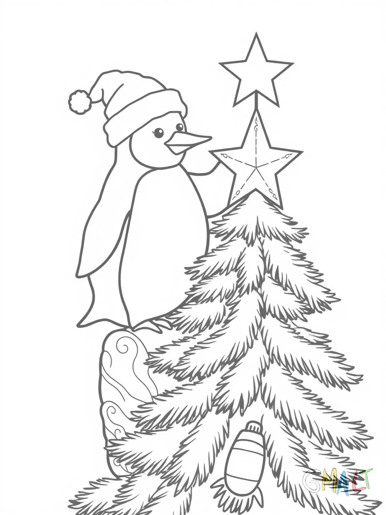 Ein Pinguin steht auf einem Hocker und schmückt die Spitze eines Weihnachtsbaums mit einem großen Stern. Er trägt eine Weihnachtsmütze und streckt sich dabei ganz lang.