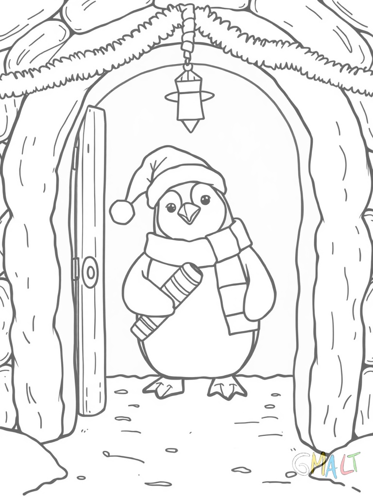 Ein Pinguin steht auf der Türschwelle eines Iglus. Er hält eine Laterne in der Flosse und trägt eine rot-weiße Weihnachtsmütze. Über dem Eingang hängt ein Adventskranz.