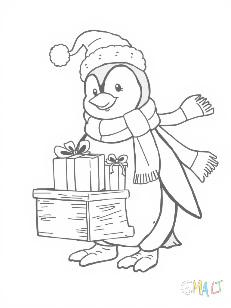 Ein Pinguin zieht einen kleinen Holzschlitten auf dem drei Geschenke gestapelt sind. Er trägt eine Weihnachtsmütze und einen langen Schal der im Wind weht.