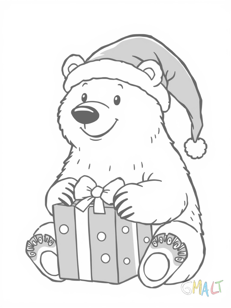 Ein niedlicher Eisbär mit roter Weihnachtsmütze sitzt aufrecht und hält eine große Geschenkbox mit Schleife in seinen Pfoten. Seine schwarze Nase glänzt und er lächelt freundlich.