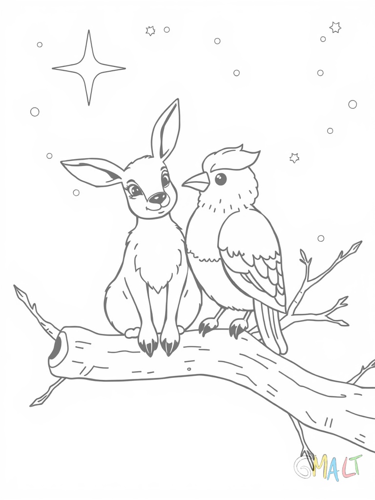 Ein Hase und ein Igel sitzen nebeneinander auf einer verschneiten Baumwurzel. Sie teilen sich eine lange Karotte während über ihnen ein Stern leuchtet.