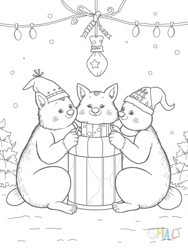 Eine Gruppe von drei Mäusen sitzt um einen winzigen Weihnachtsteller. Sie knabbern gemeinsam an einem großen Weihnachtskeks während über ihnen ein Adventskranz hängt.