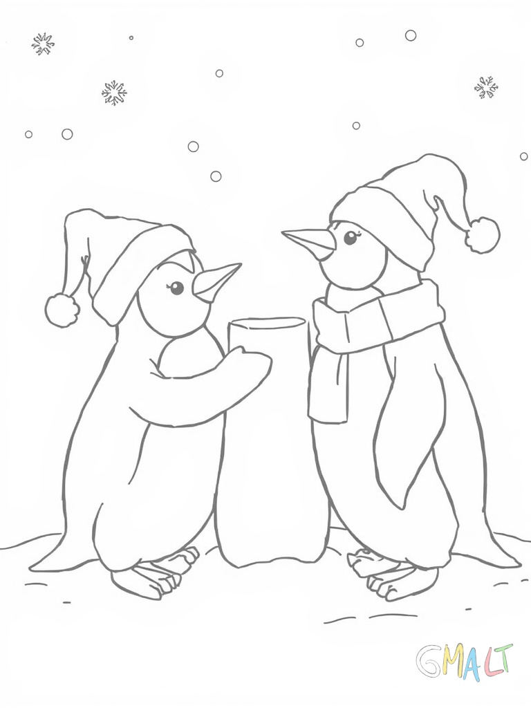Zwei kleine Pinguine bauen gemeinsam einen Schneemann. Der eine Pinguin setzt dem Schneemann gerade einen Zylinder auf während der andere Pinguin eine Karotte als Nase anbringt.