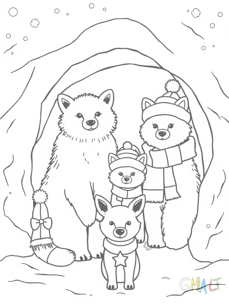 Eine Polarfuchs-Familie schaut aus ihrer Schneehöhle. Die zwei Eltern und drei Jungen tragen alle Weihnachtsmützen und vor ihrem Höhleneingang steht ein kleiner geschmückter Zweig.
