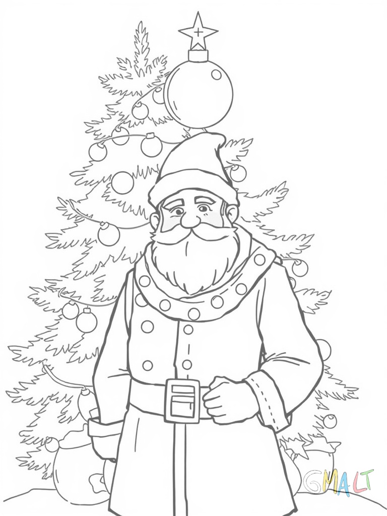 Ein Rentier mit kleiner Glocke um den Hals steht vor einem geschmückten Tannenbaum. Auf seinem Geweih hängen bunte Lichterketten und eine Christbaumkugel baumelt von einer Geweihspitze.