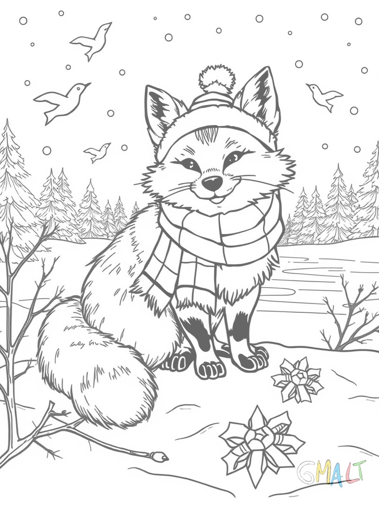 Ein Fuchs in Winterschal und Mütze schlittert fröhlich auf einem zugefrorenen See. Um ihn herum schweben einzelne Schneeflocken und auf dem Eis liegen Tannenzapfen.