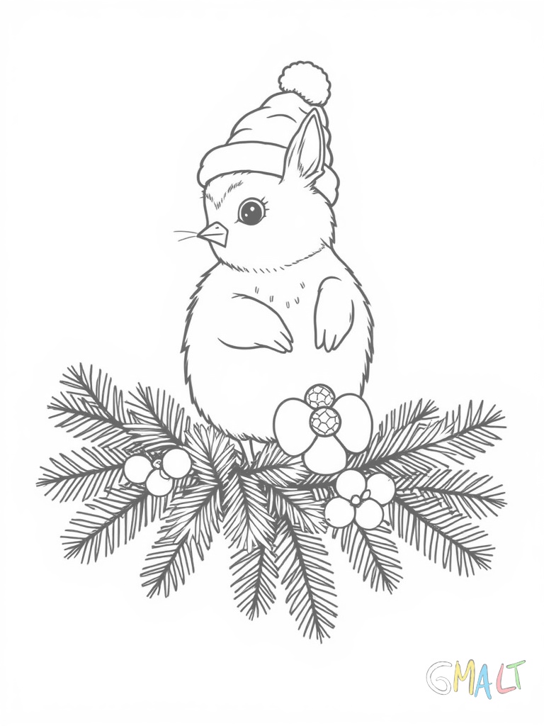 Ein Eichhörnchen balanciert auf einem Tannenzweig und trägt eine kleine Walnuss die mit einer roten Schleife dekoriert ist. Es trägt eine gestreifte Weihnachtsmütze.