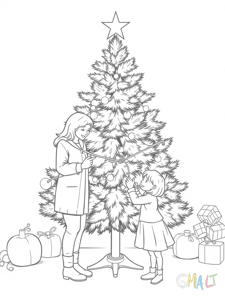 Eine Familie mit Mutter Vater und zwei Kindern steht um einen frisch aufgestellten Weihnachtsbaum. Sie halten gemeinsam eine lange Lichterkette zum Schmücken