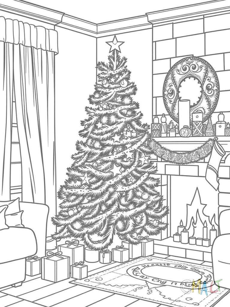 Ein Weihnachtsbaum steht im Wohnzimmer neben einem gemütlichen Kamin. Auf dem Kaminsims stehen Kerzen und Tannenzweige