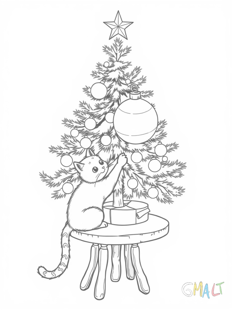 Ein Weihnachtsbaum im Topf steht auf einem kleinen Holztisch. Daneben sitzt eine Katze und spielt vorsichtig mit einer herabhängenden Christbaumkugel