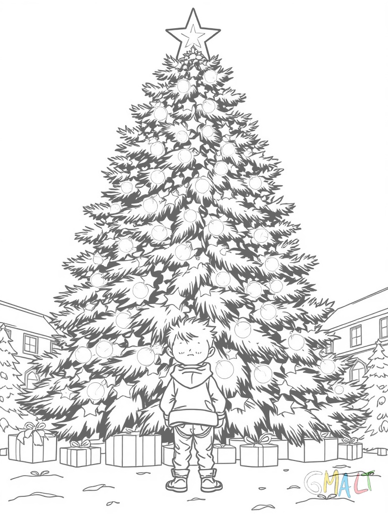 Ein kleiner Junge steht staunend vor einem riesigen Weihnachtsbaum. Seine Augen leuchten beim Anblick der vielen Lichter