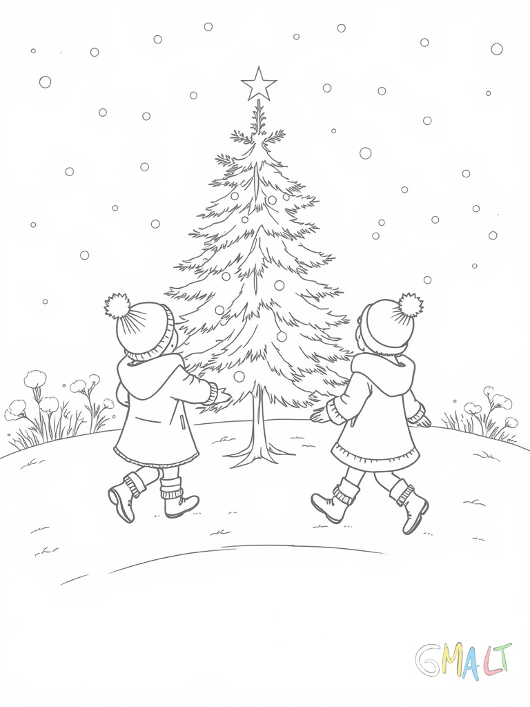 Zwei Kinder ziehen einen kleinen Schlitten mit einem frisch geschlagenen Tannenbaum durch den Schnee. Ihre Fußspuren sind im Schnee zu sehen
