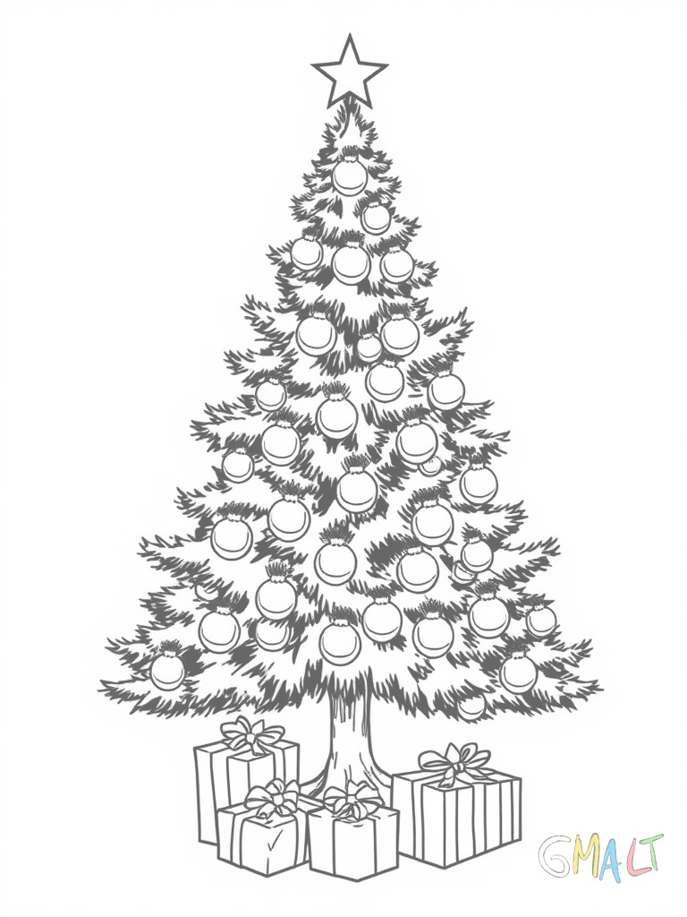 Ein großer geschmückter Weihnachtsbaum steht in der Bildmitte. Er ist mit vielen Kugeln und einer leuchtenden Sternspitze dekoriert. Unter dem Baum liegen drei eingepackte Geschenke